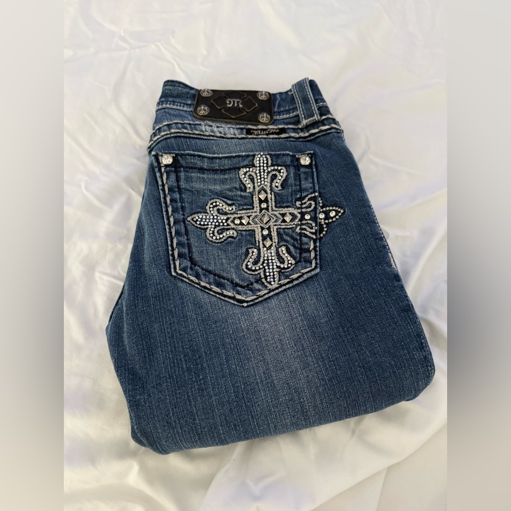 Miss Me Blue Boot Cut Jeans with Silver Embellishments - Picture 2 of 8